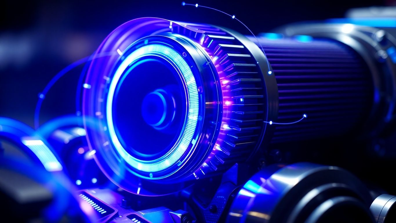 Futuristic engine with glowing lights and digital patterns.