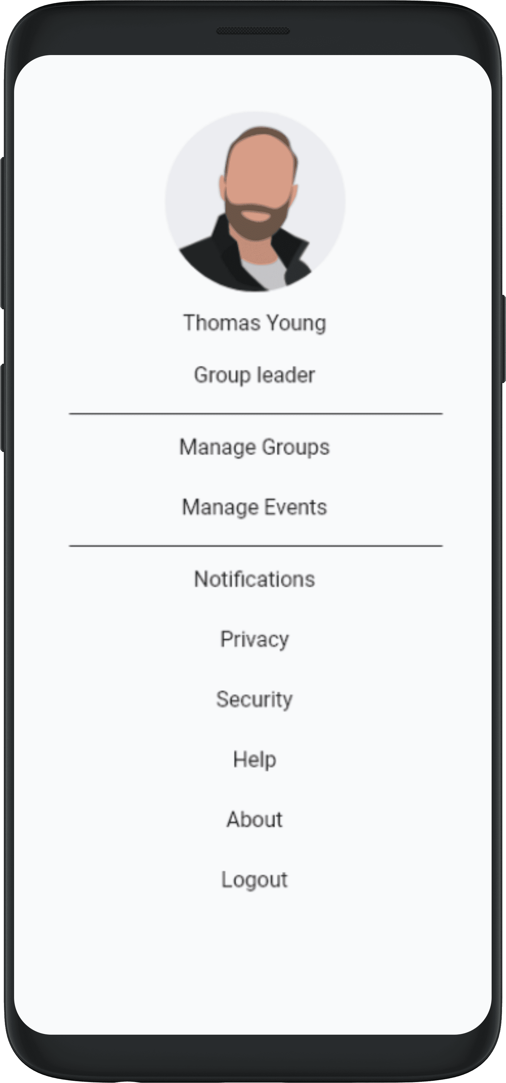 ManHealth companion app profile page for group leaders.