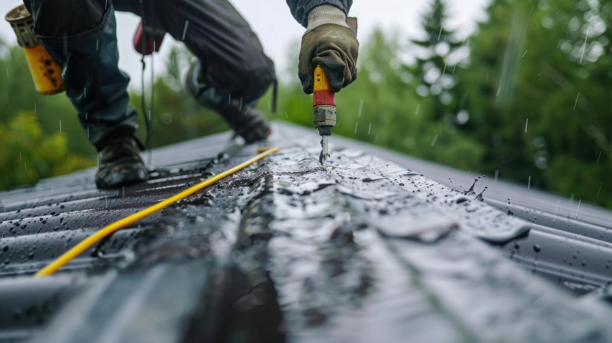 Technician applying polyurethane sealant with a manual caulking gun to repair a roof leak