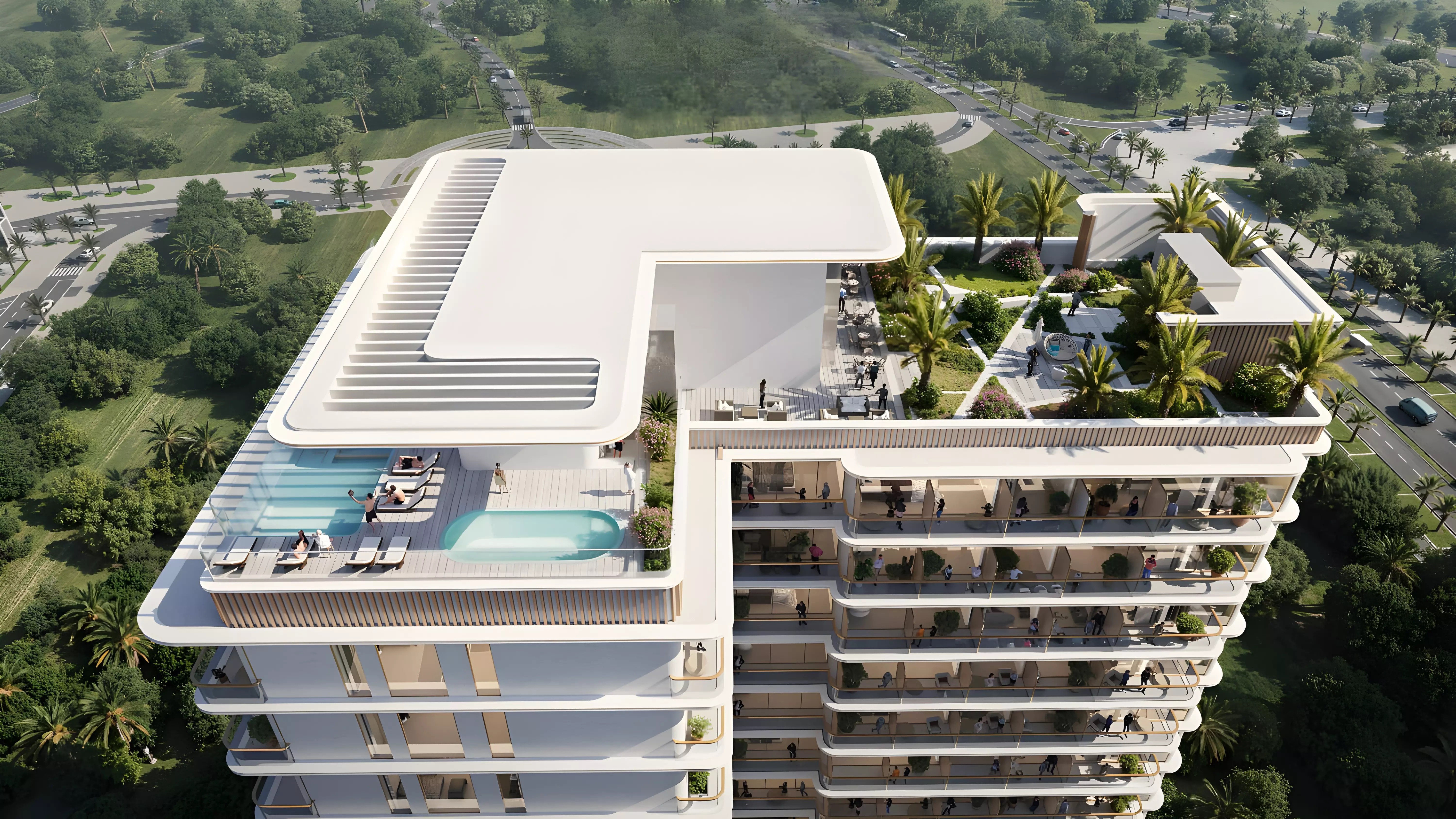 A modern apartment building named Celesto 3 by Tarrad, featuring a rooftop swimming pool.
