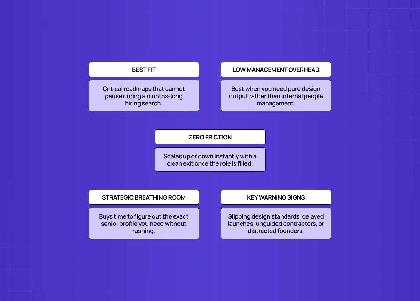 Key benefits of using an agency temporarily, including best fit for urgent roadmaps, low management overhead, zero friction, strategic breathing room, and warning signs to watch.