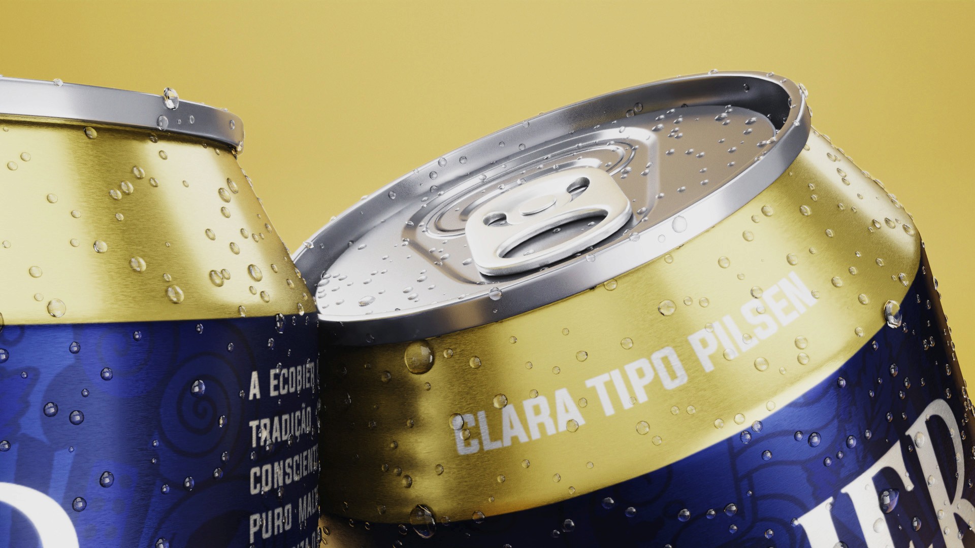 Extreme close-up 3D render of the top of an Ecobier can, highlighting the metallic gold texture and water droplets.
