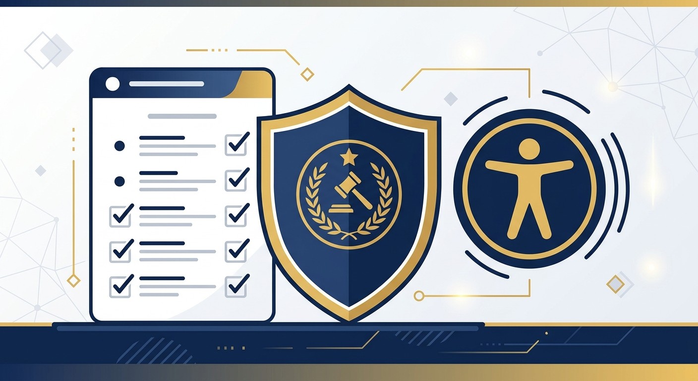 Law firm website compliance checklist with a legal shield and accessibility icon