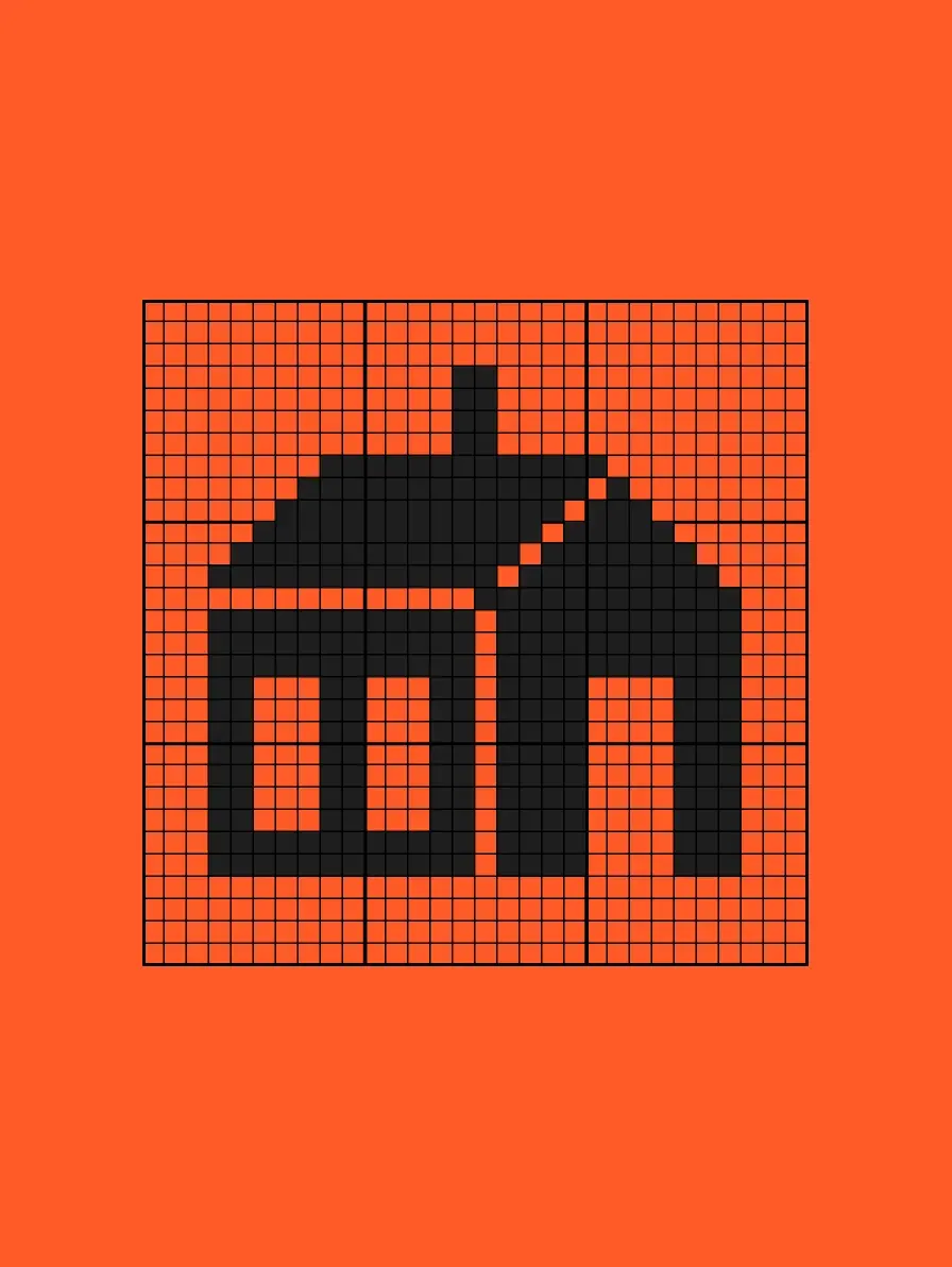 Black pixel art house on orange background.