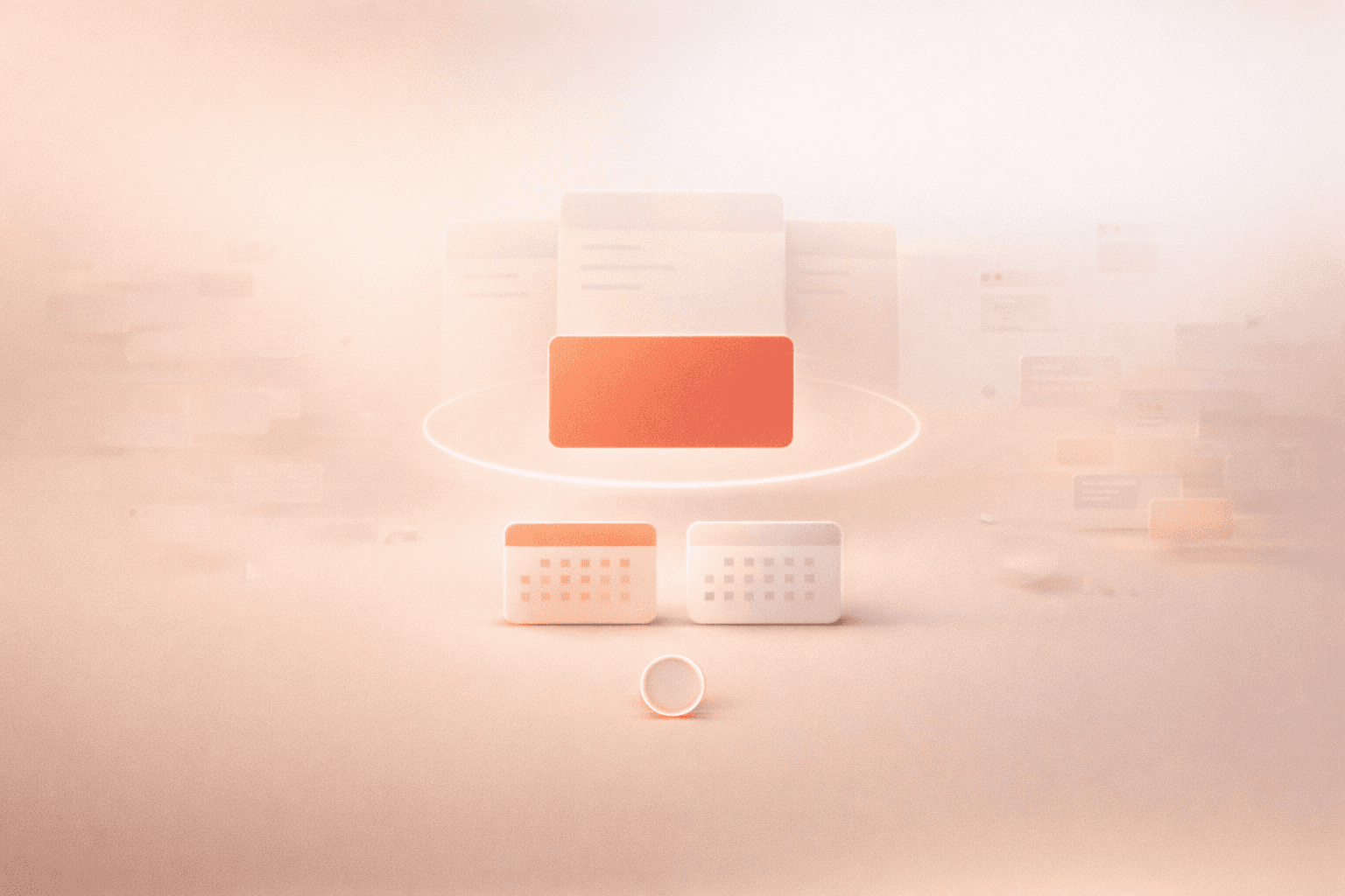 Minimalistische 3D-Illustration auf warmem cremebeigem Hintergrund mit einer schwebenden korallorangenen Heute-Aufgabenkarte im Zentrum, dahinter drei dezente Stapelkarten für minimale Listen, darunter zwei Kalenderblöcke für Fokus- und Ops-Zeit sowie ein kleiner Timer-Ring am unteren Rand.