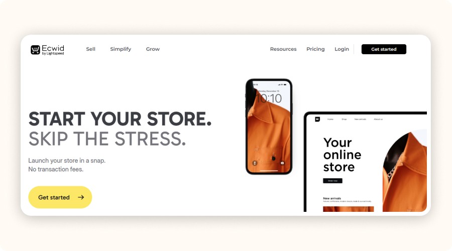 Ecwid homepage with easy online store interface