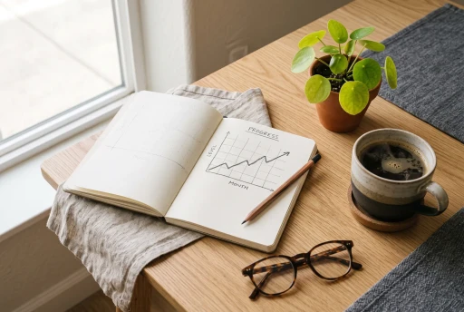 A notebook with a hand-drawn line chart beside a coffee
