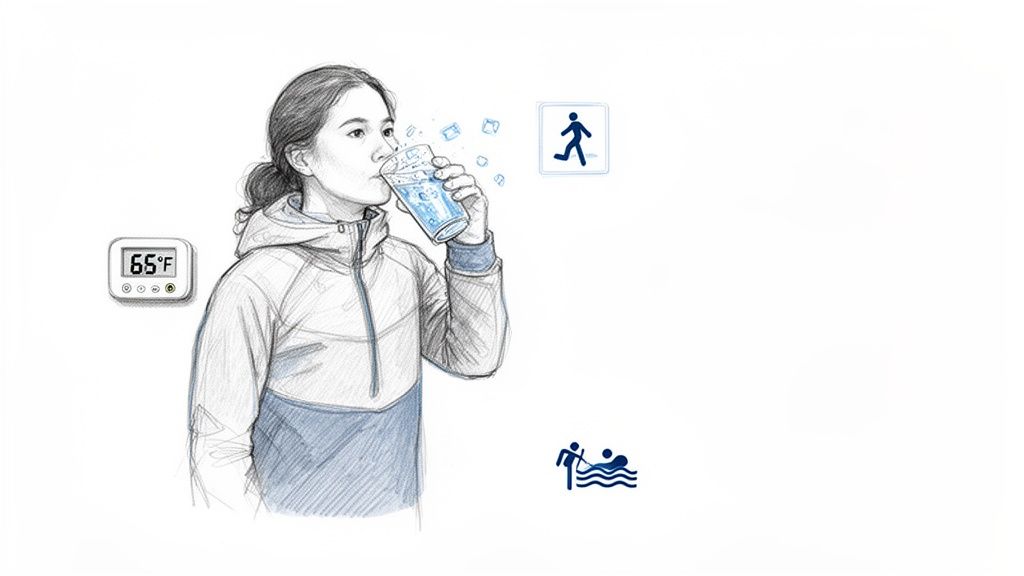 A sketch shows a person drinking ice water, a 65°F thermometer, and icons for walking and water sports.