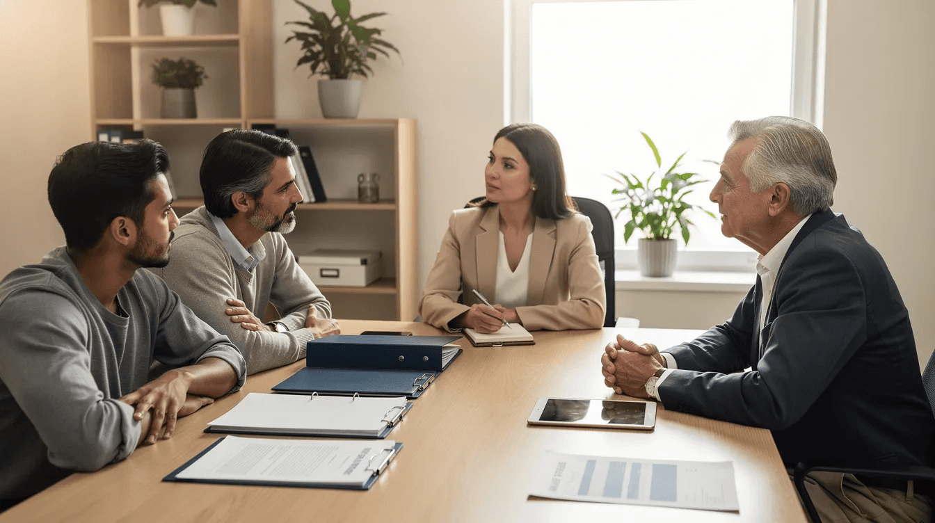 Adult siblings are engaged in a family planning conversation around a table with a neutral advisor, discussing the potential role of a corporate trustee in managing trust assets and ensuring the best interests of beneficiaries are met. The atmosphere reflects familial dynamics as they explore investment management and the responsibilities involved in trust administration.