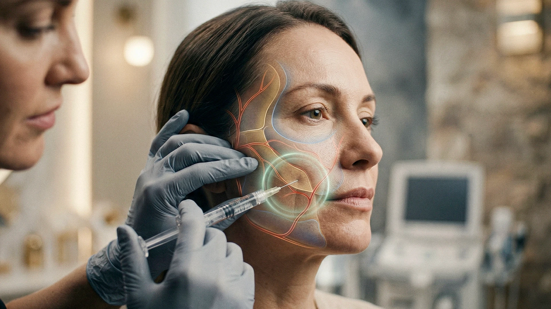 Aplicação de preenchedor facial com análise anatômica da face, destacando vasos e estruturas faciais em procedimento de harmonização facial