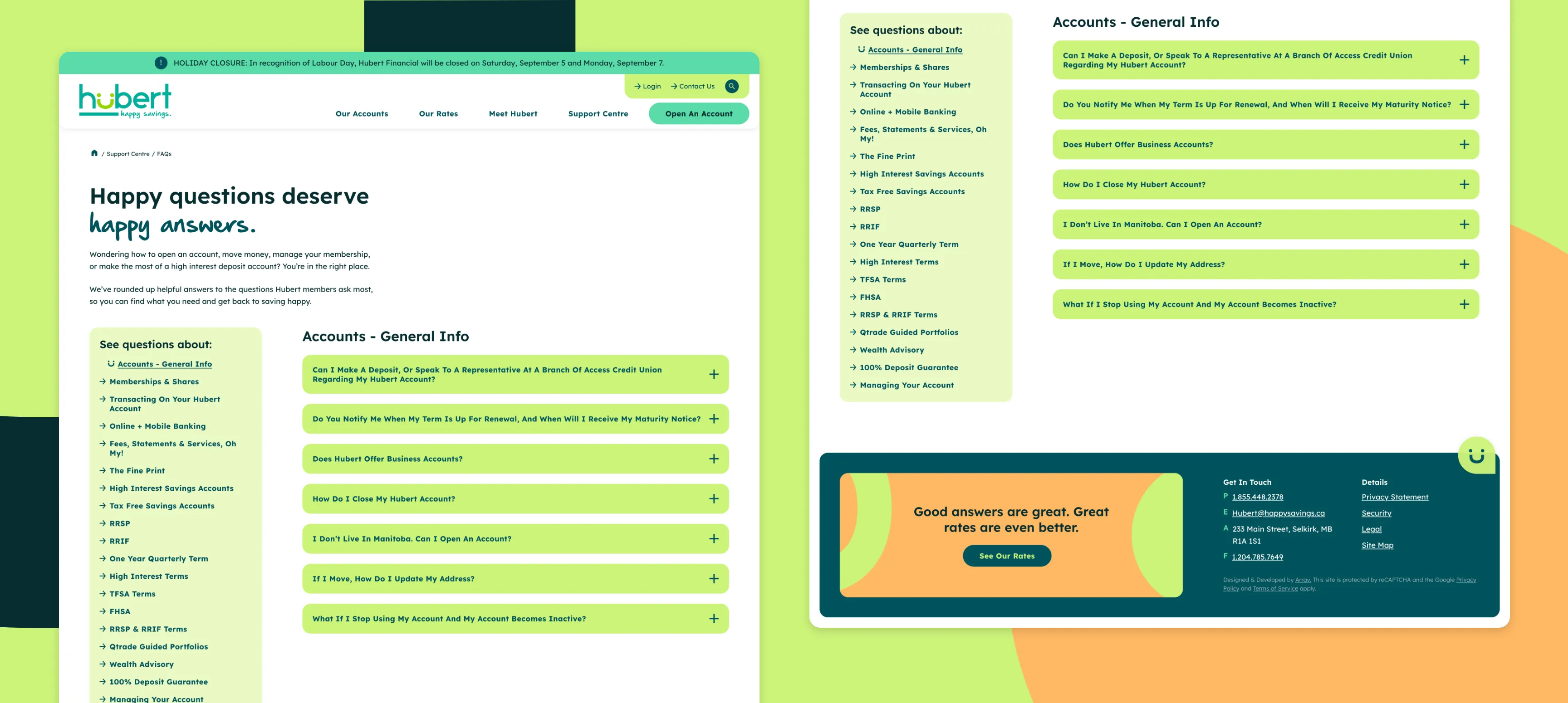 Hubert Financial FAQs page screenshots.