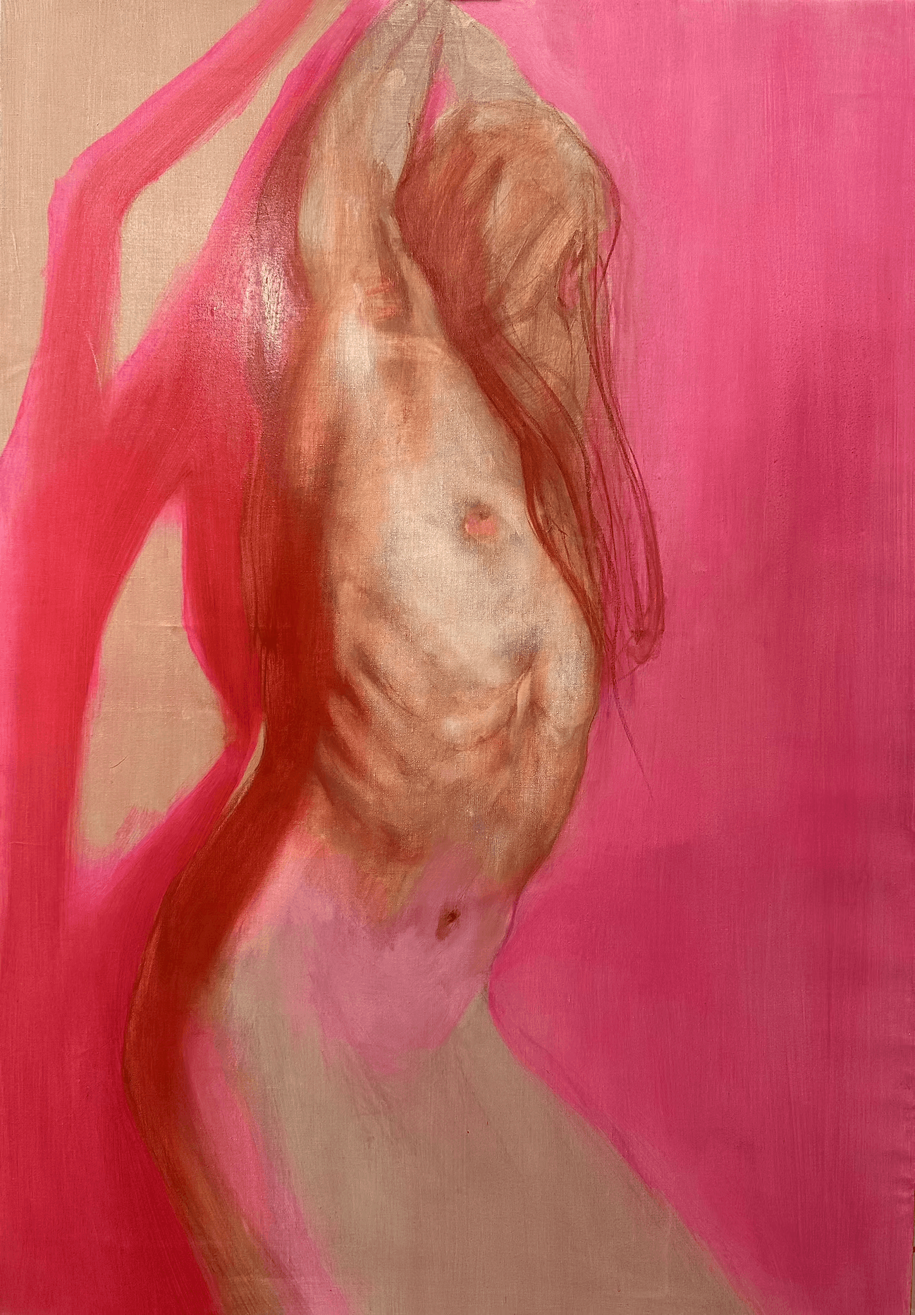 A pink and red abstract painting features a partially visible human figure with an emphasis on torso details, blending with vibrant, flowing colors that create a dynamic and expressive composition.