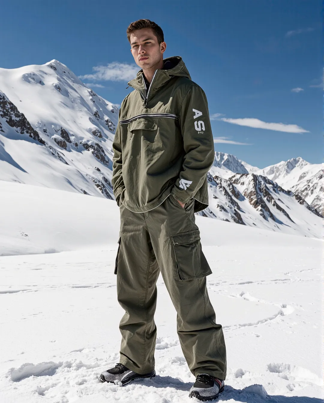Olive green winter athleisure outfit photographed against dramatic snow-capped mountains with bright blue sky backdrop