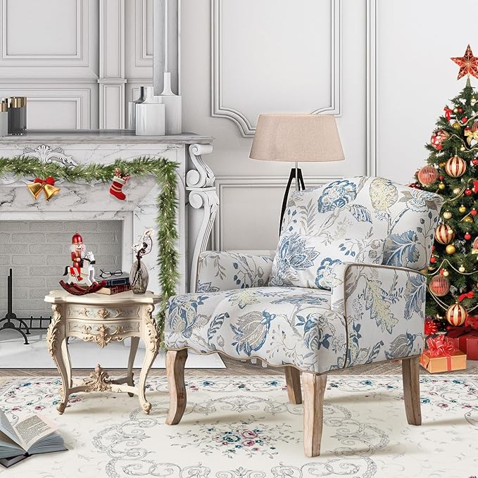 Stylish blue floral accent chair that enhances home decor with its premium build and aesthetic.