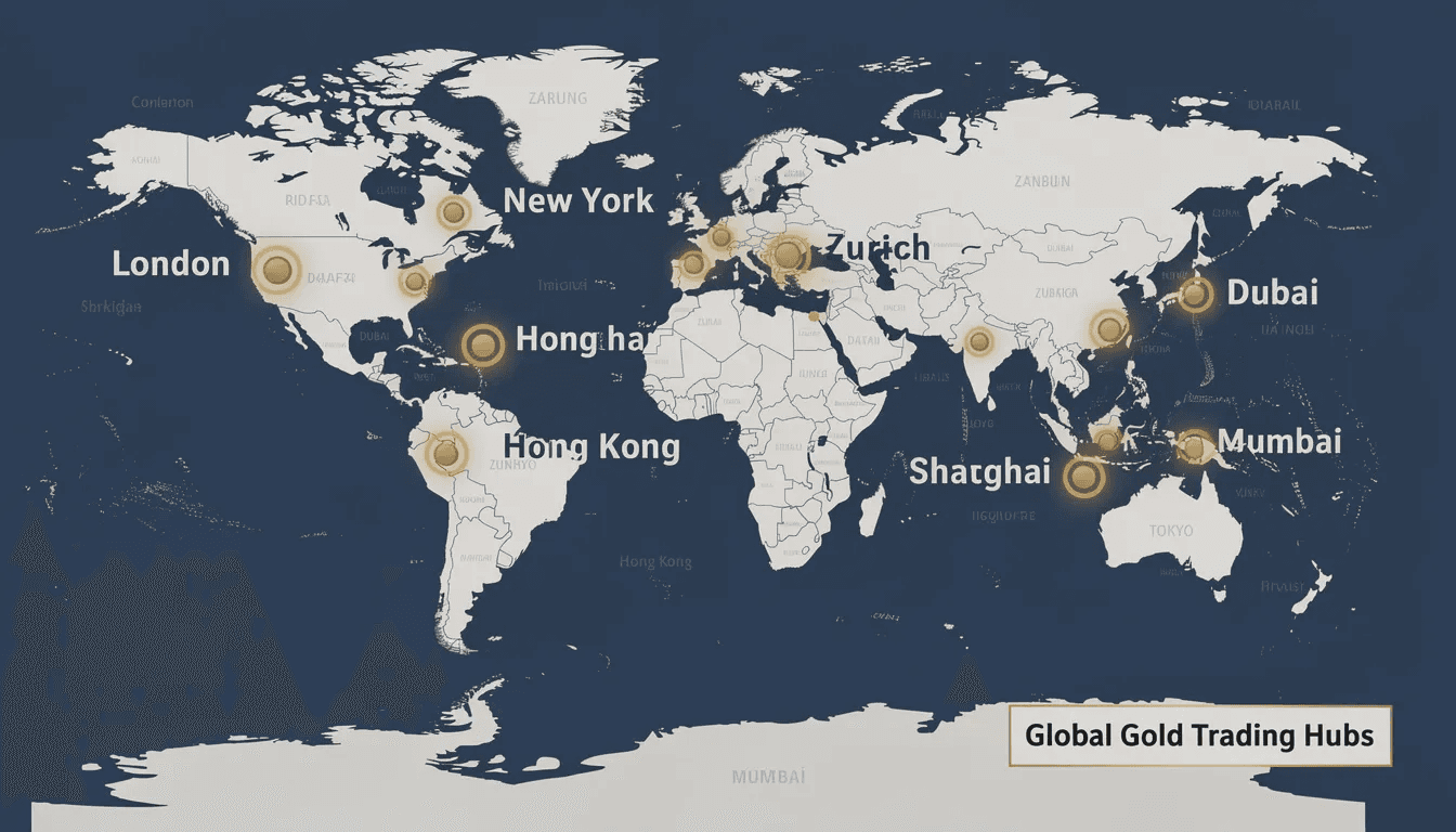 The image displays a world map with major gold trading centers highlighted, indicating key locations in the global gold market. These centers are essential for investors tracking gold prices, gold futures contracts, and the overall dynamics of precious metals trading.
