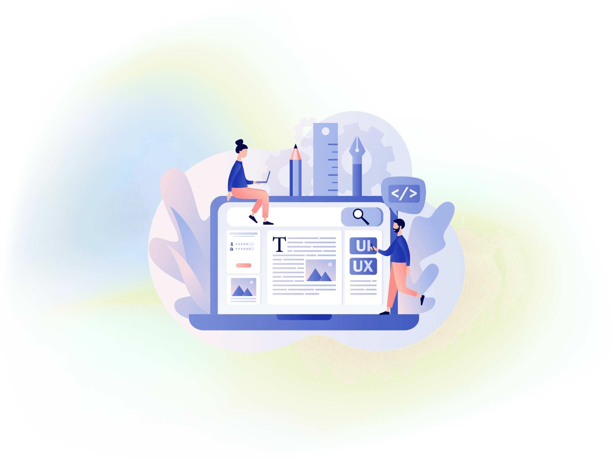 Illustration of two designers structuring a webpage with clearly defined text headings, images, and content sections on a laptop, representing the use of headings for accessible content hierarchy.