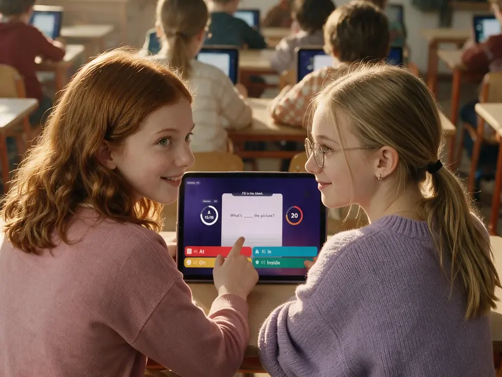 Dvě studentky v lavici procvičují na tabletu kvíz, třída sedí čelem k tabuli