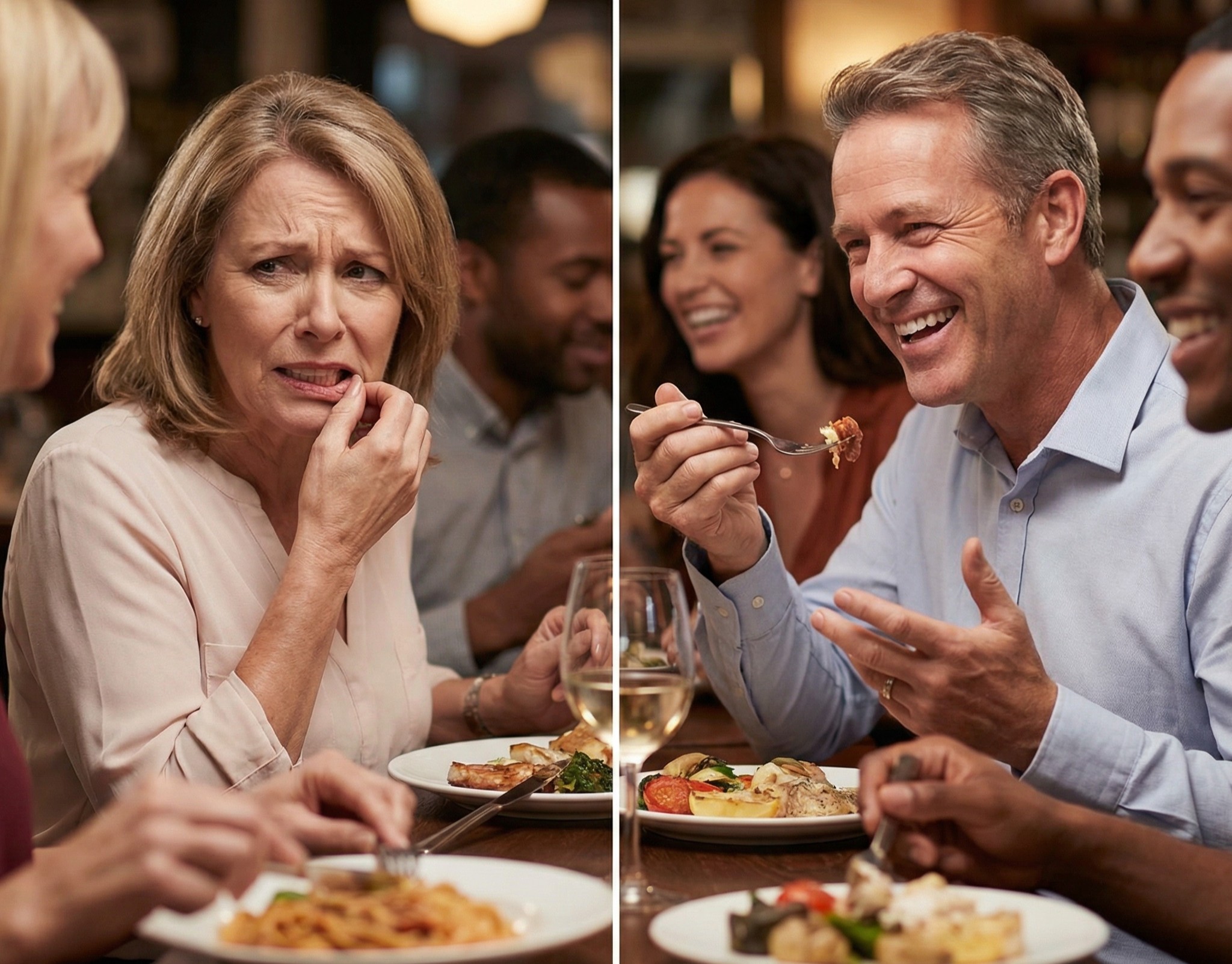Comparison showing confident implant patient versus concerned denture patient in social dining situation