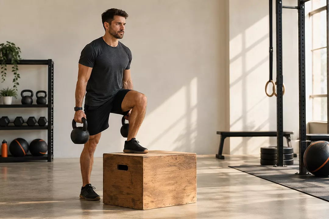 Male athlete performing weighted box step-ups during an AMRAP workout