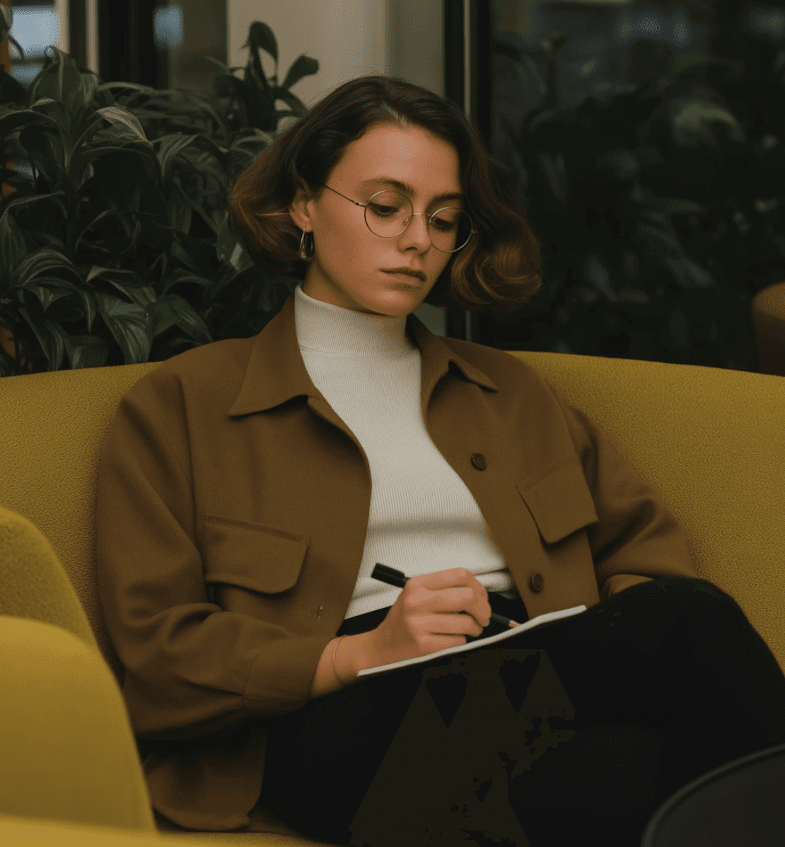 A candid photograph of a young woman with wavy hair and glasses, sitting indoors and looking downward thoughtfully while writing in a notebook.
