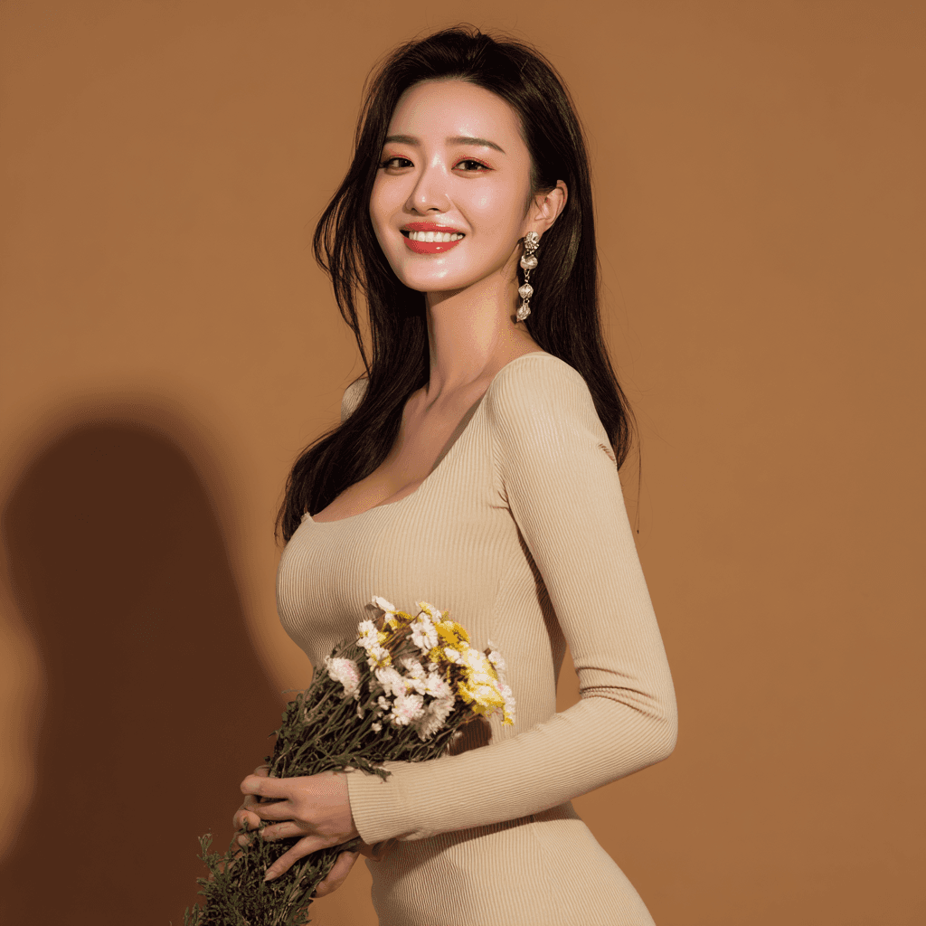 Chinese women with flowers standing portrait