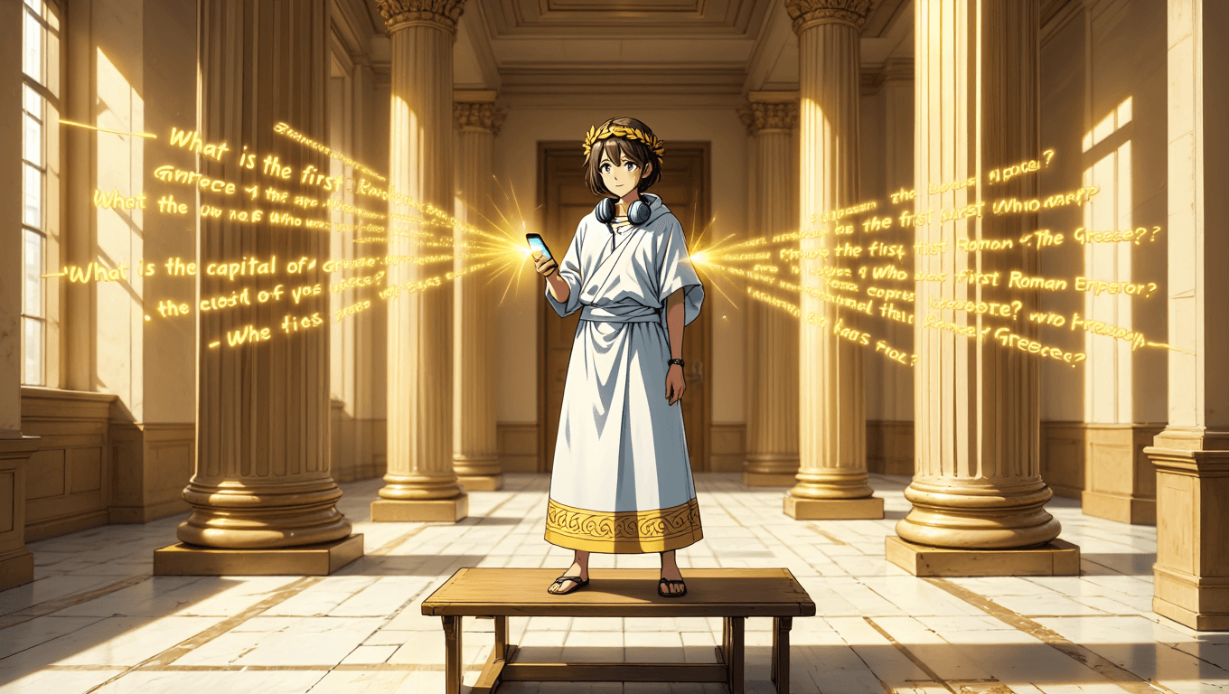 Student with AI quiz generator app in neoclassical library