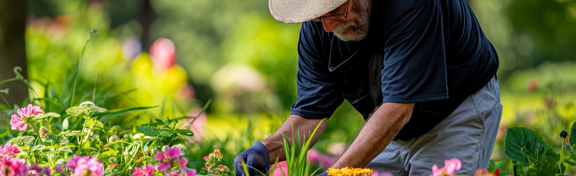 Gardener tending colorful flower garden