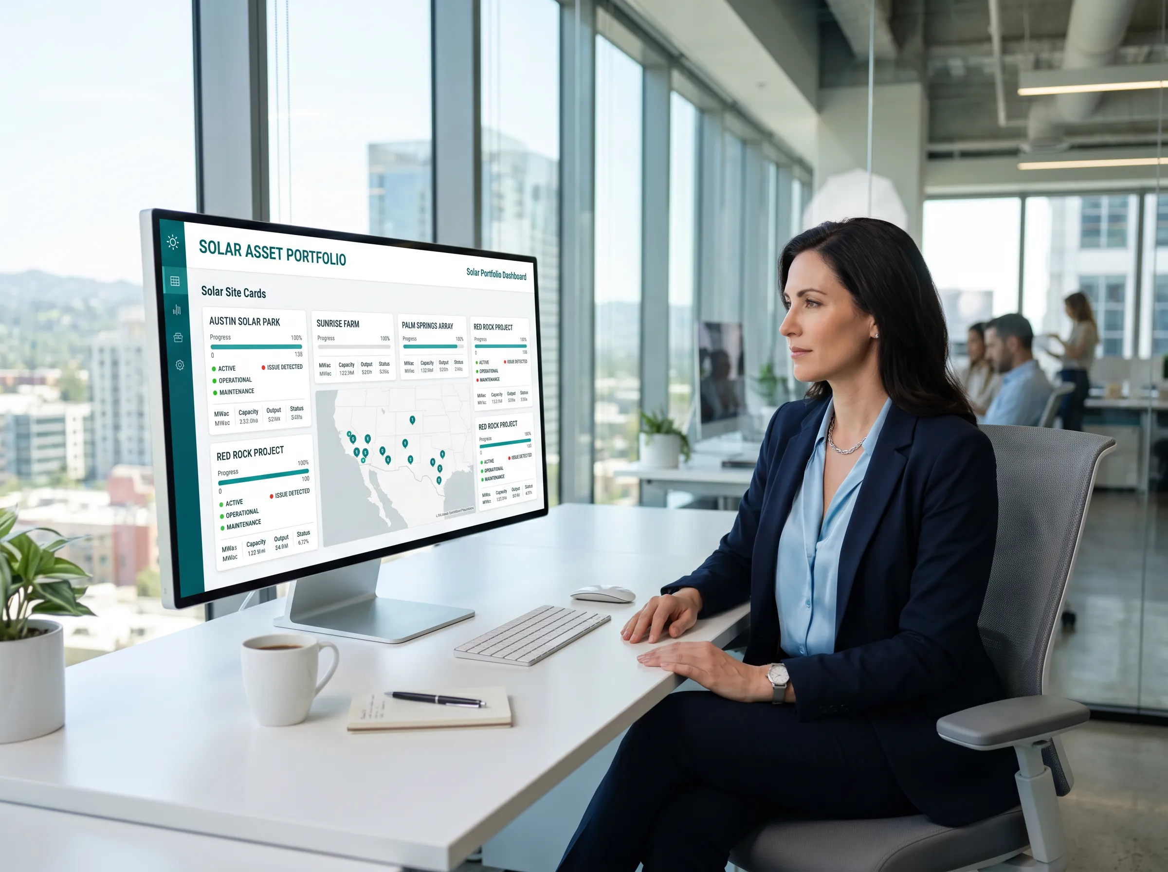 A woman in a modern office sits at a desk, working on a computer displaying a solar asset portfolio dashboard with charts and data.