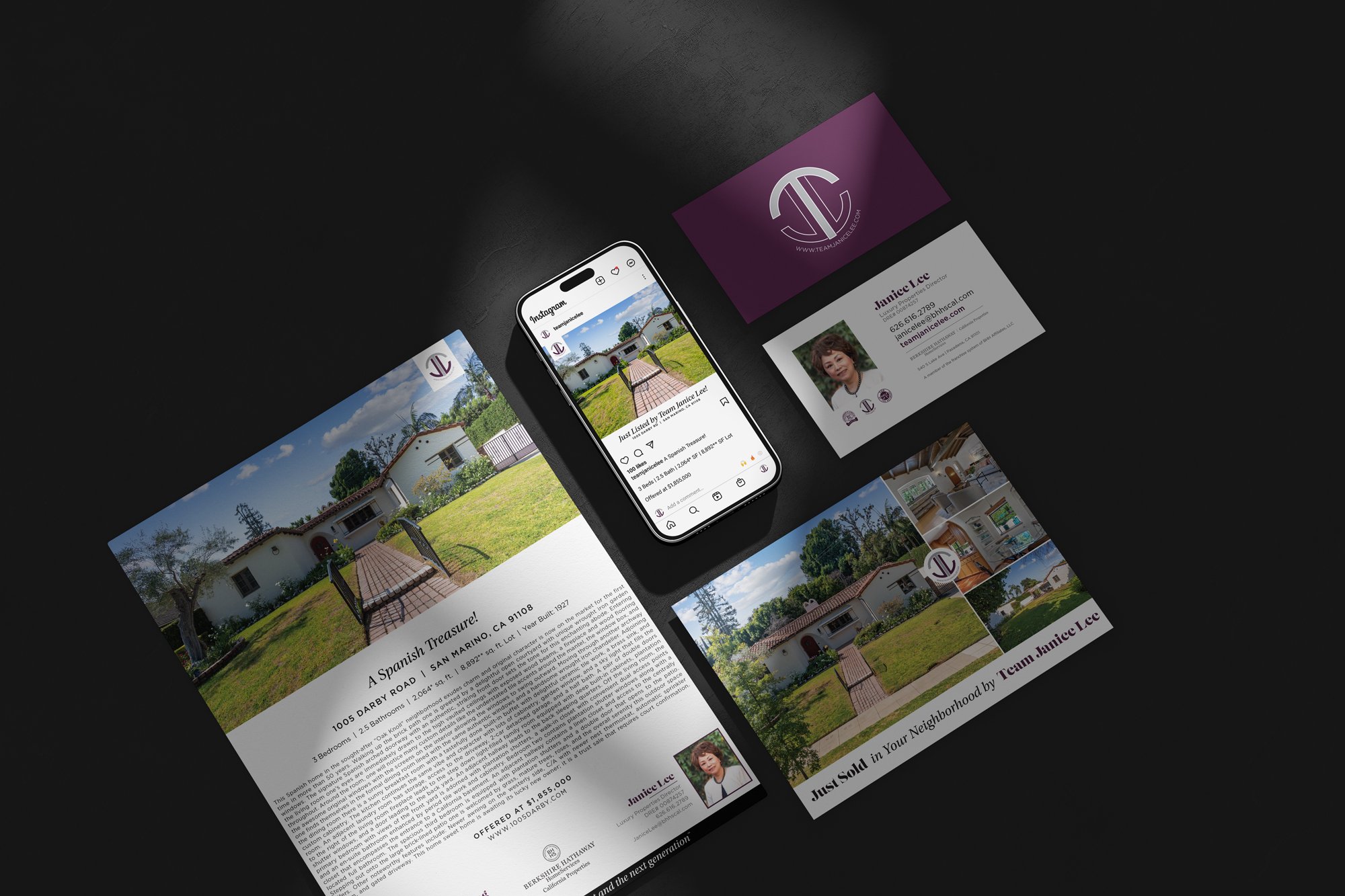 Team Janice Lee mailers, business cards, and a phone showing the new website