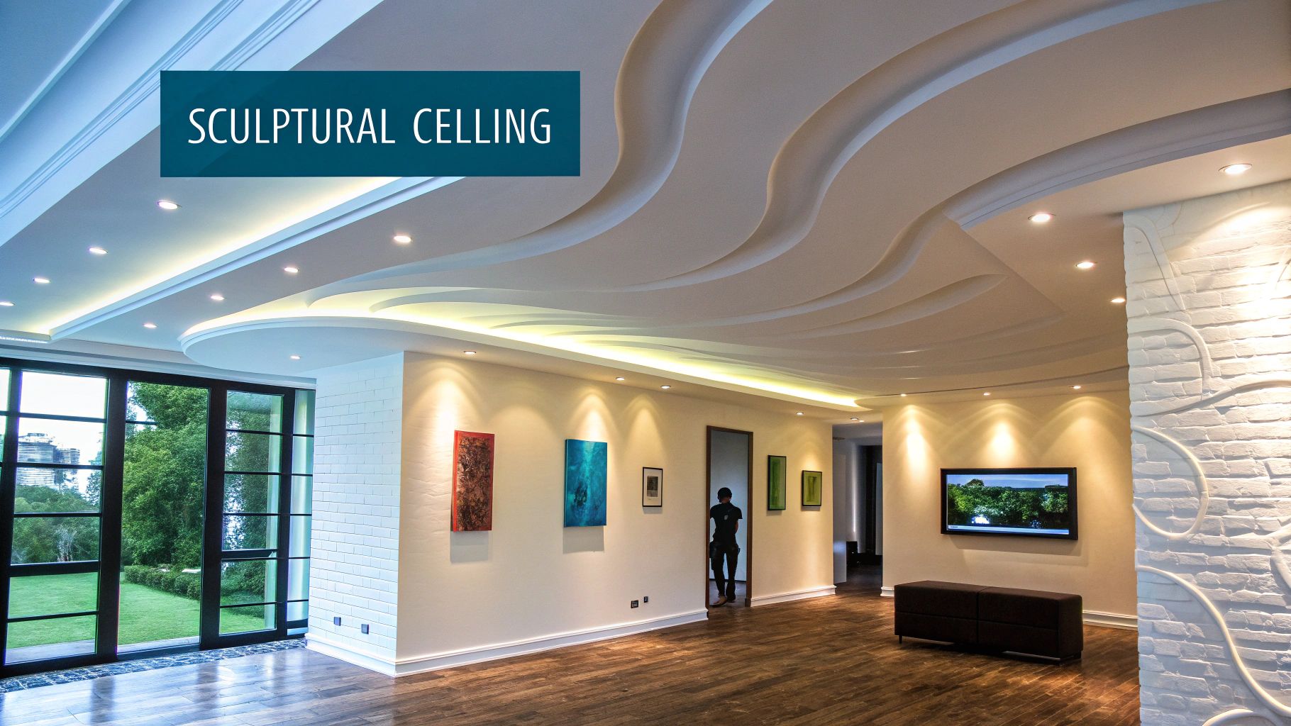 A spacious, modern living room featuring a sculptural ceiling with wave-like patterns and ambient lighting.