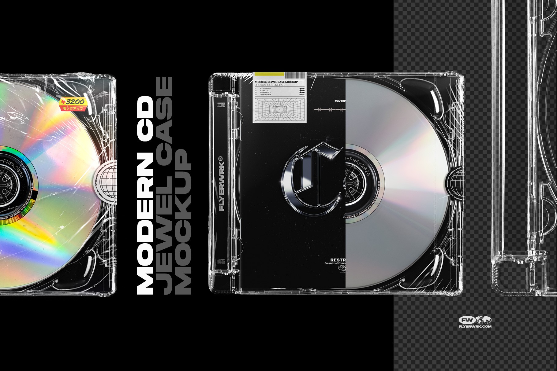 Modern CD jewel case mockup open case with disc and album cover preview