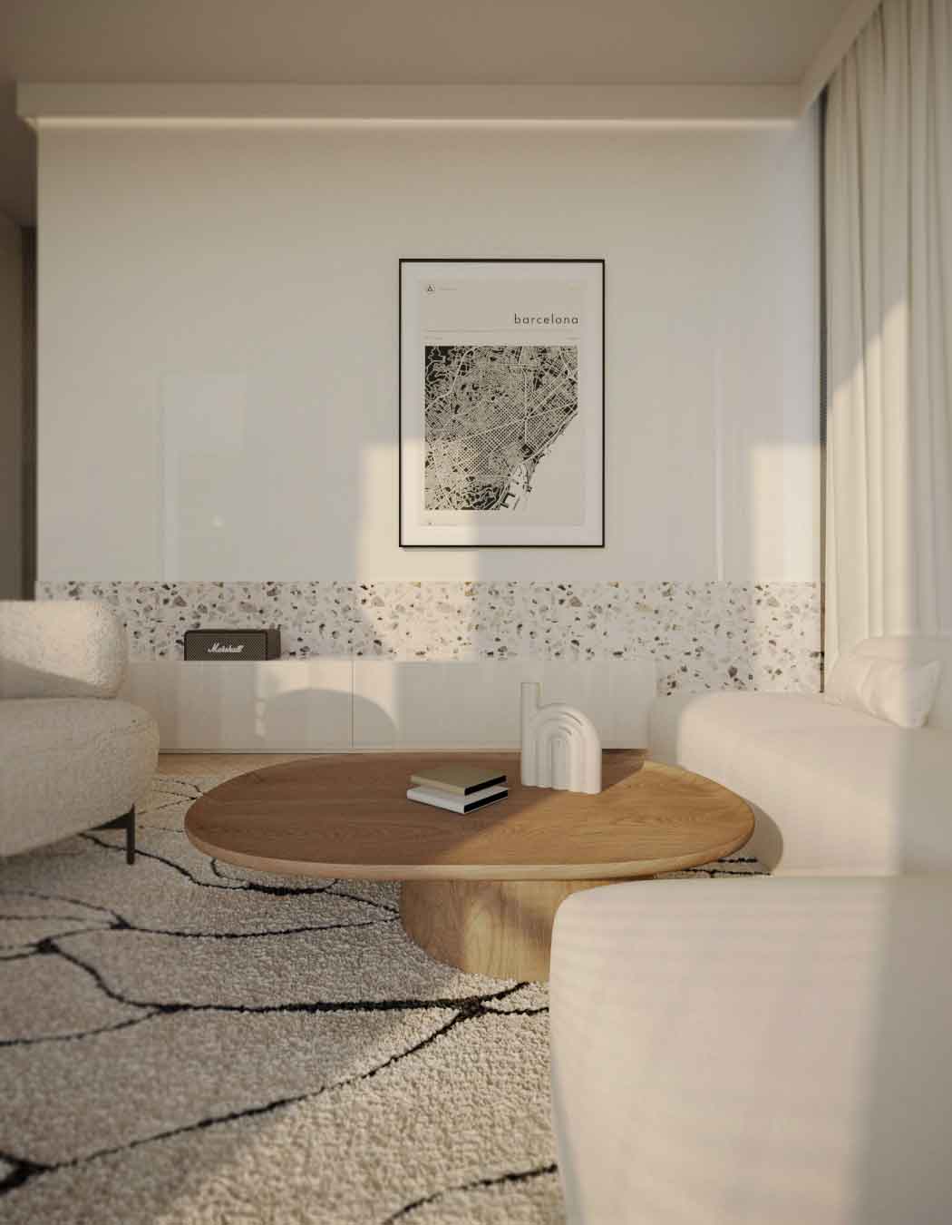 Modern interior with neutral tones, featuring seating areas, wooden floors, and large windows.