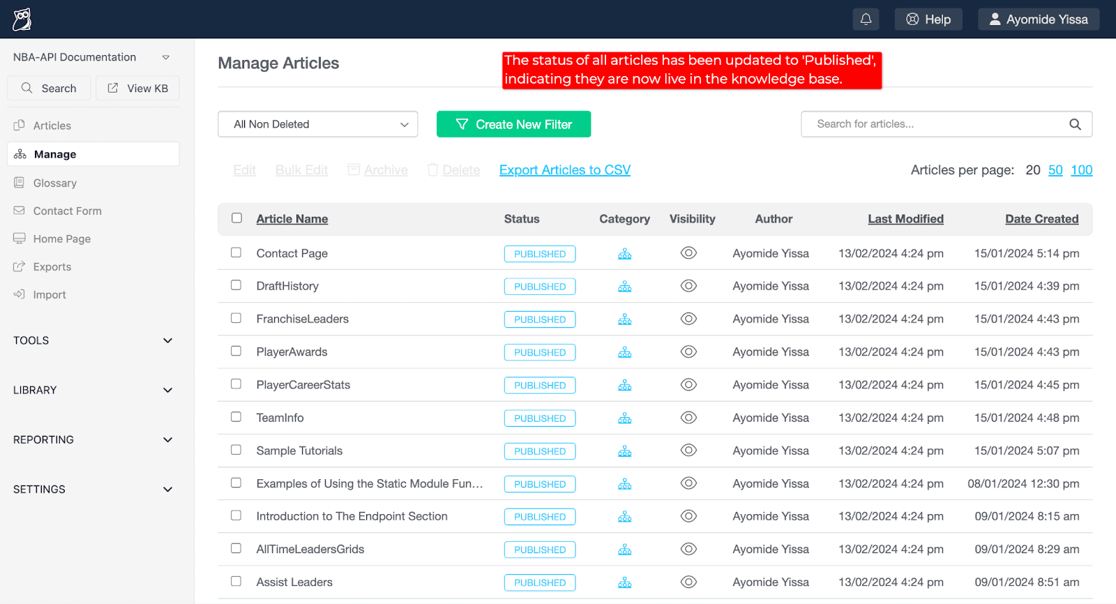 Screenshot 4 of 4 that shows aspects of KnowledgeOwl’s “Manage Articles” page.