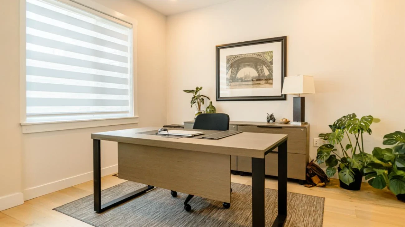 Bright home office workspace with light wood desk and natural lighting in custom Burnaby residence