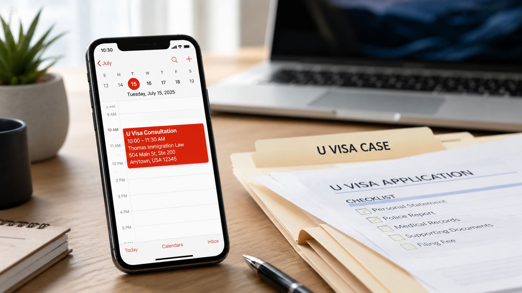 A smartphone displaying a calendar reminder next to a file organizer on a desk, illustrating being organized to prevent future issues.