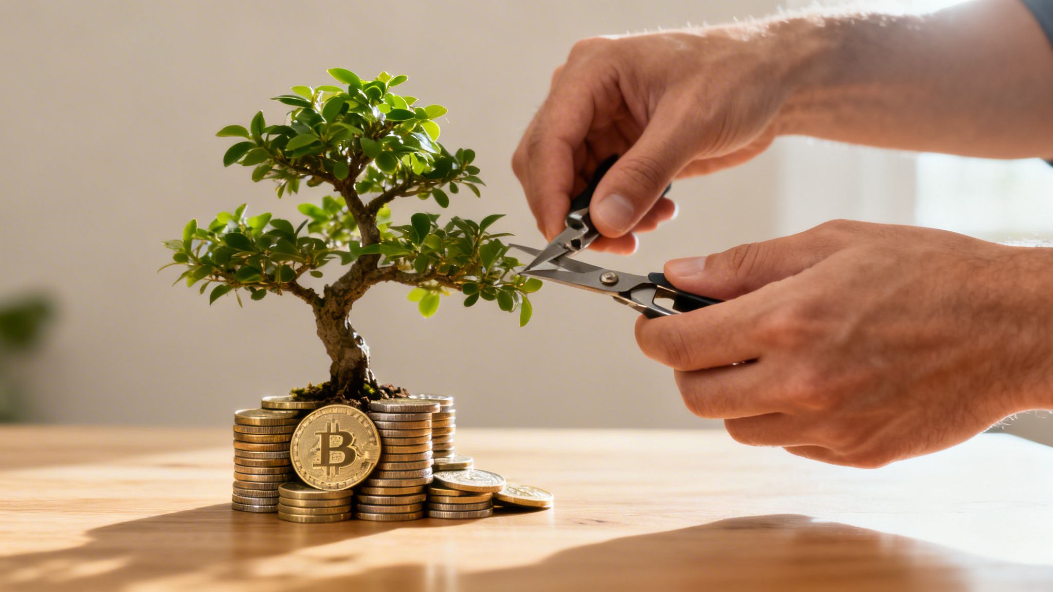 Hands prune a bonsai tree growing from stacks of coins and a bitcoin, symbolizing strategic crypto investment.