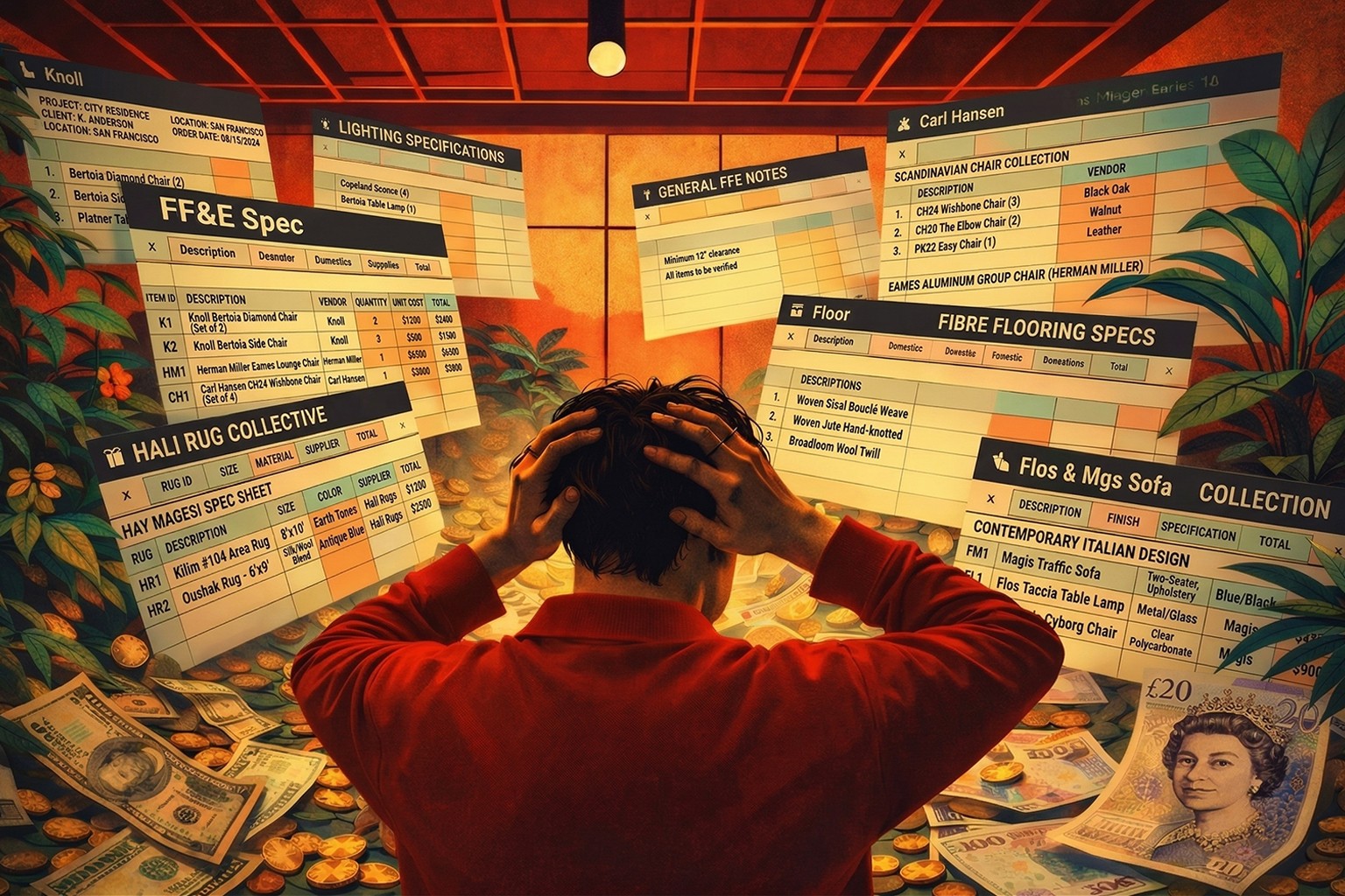 Interior designer overwhelmed by floating FF&E specification sheets, furniture schedules for brands like Knoll and Carl Hansen, and a pile of currency.