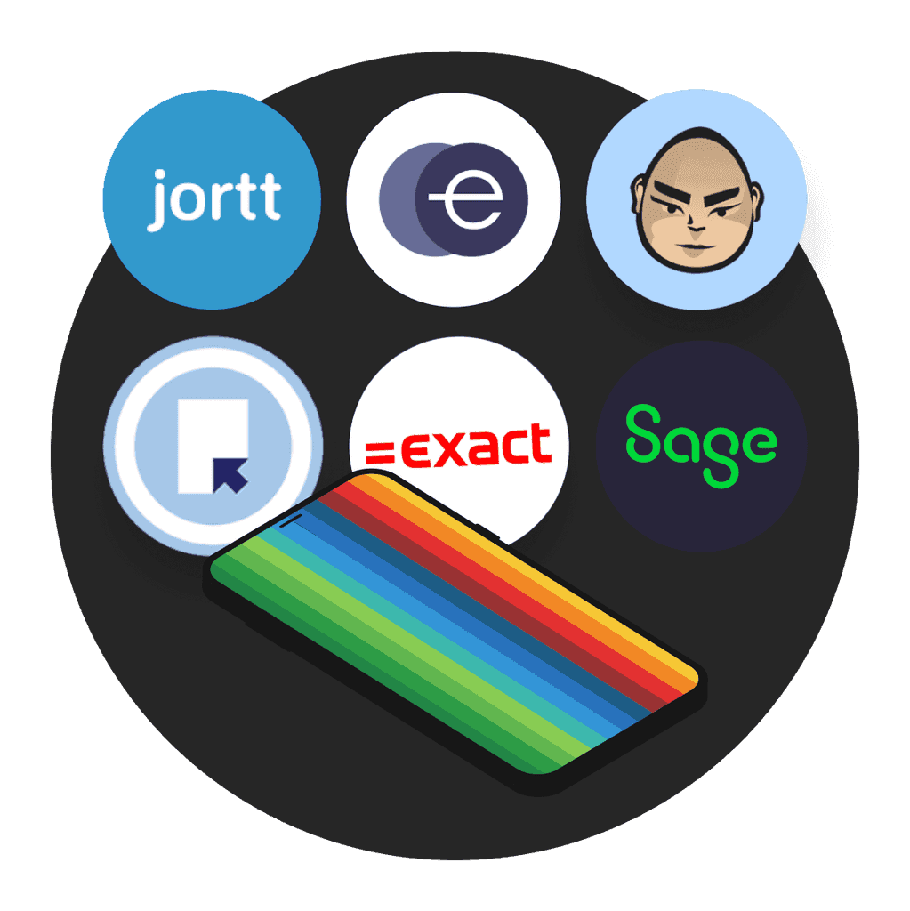 Een cirkelvormige afbeelding met verschillende logo's, waaronder Jotform en Sage, bovenop een kleurrijk gestreept ontwerp.