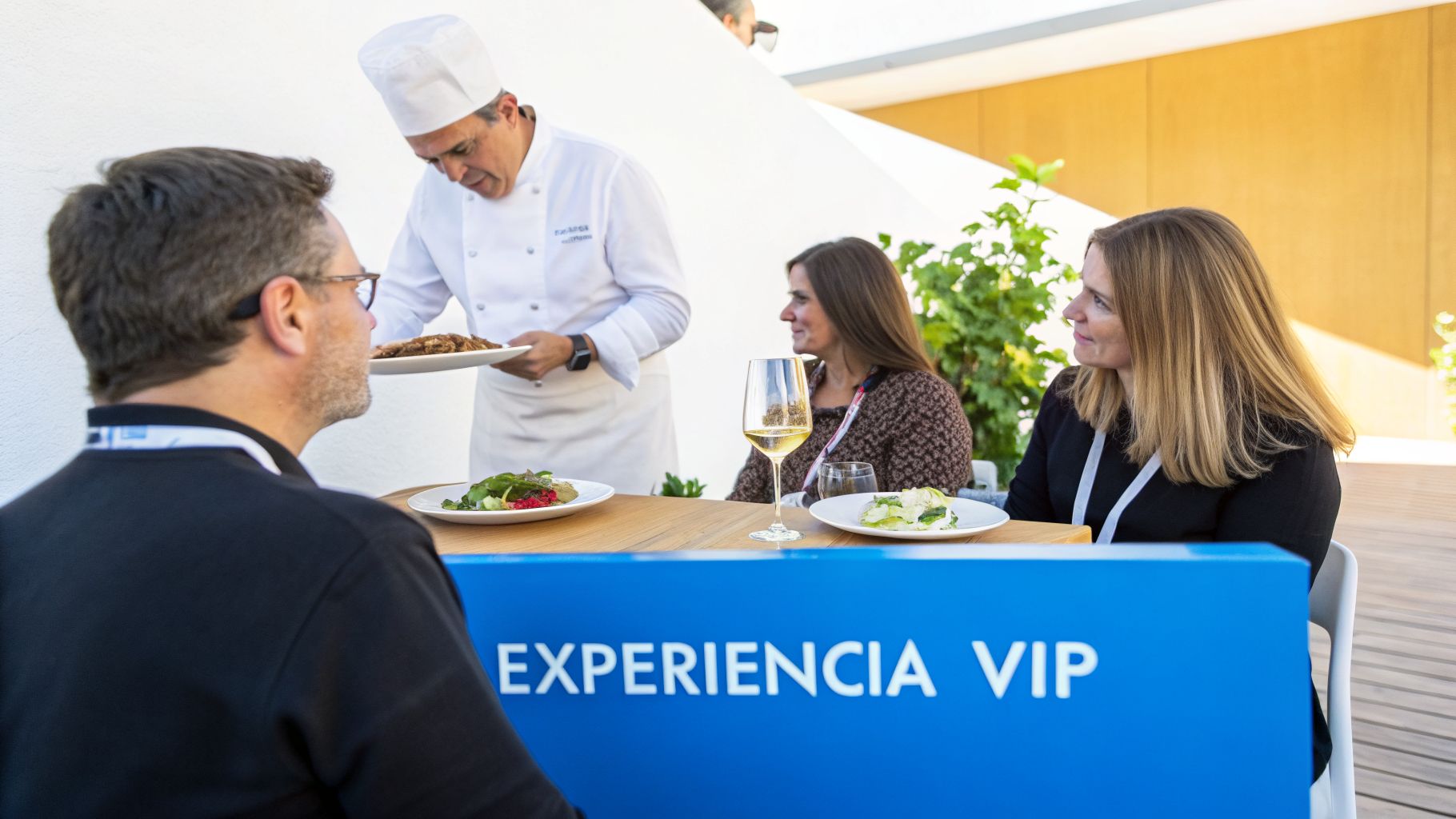 Chef sirve comida a invitados en una mesa al aire libre con cartel 'EXPERIENCIA VIP'.
