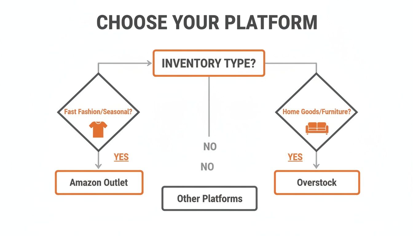 Flowchart guiding e-commerce platform choice: Amazon Outlet for fast fashion, Overstock for home goods.