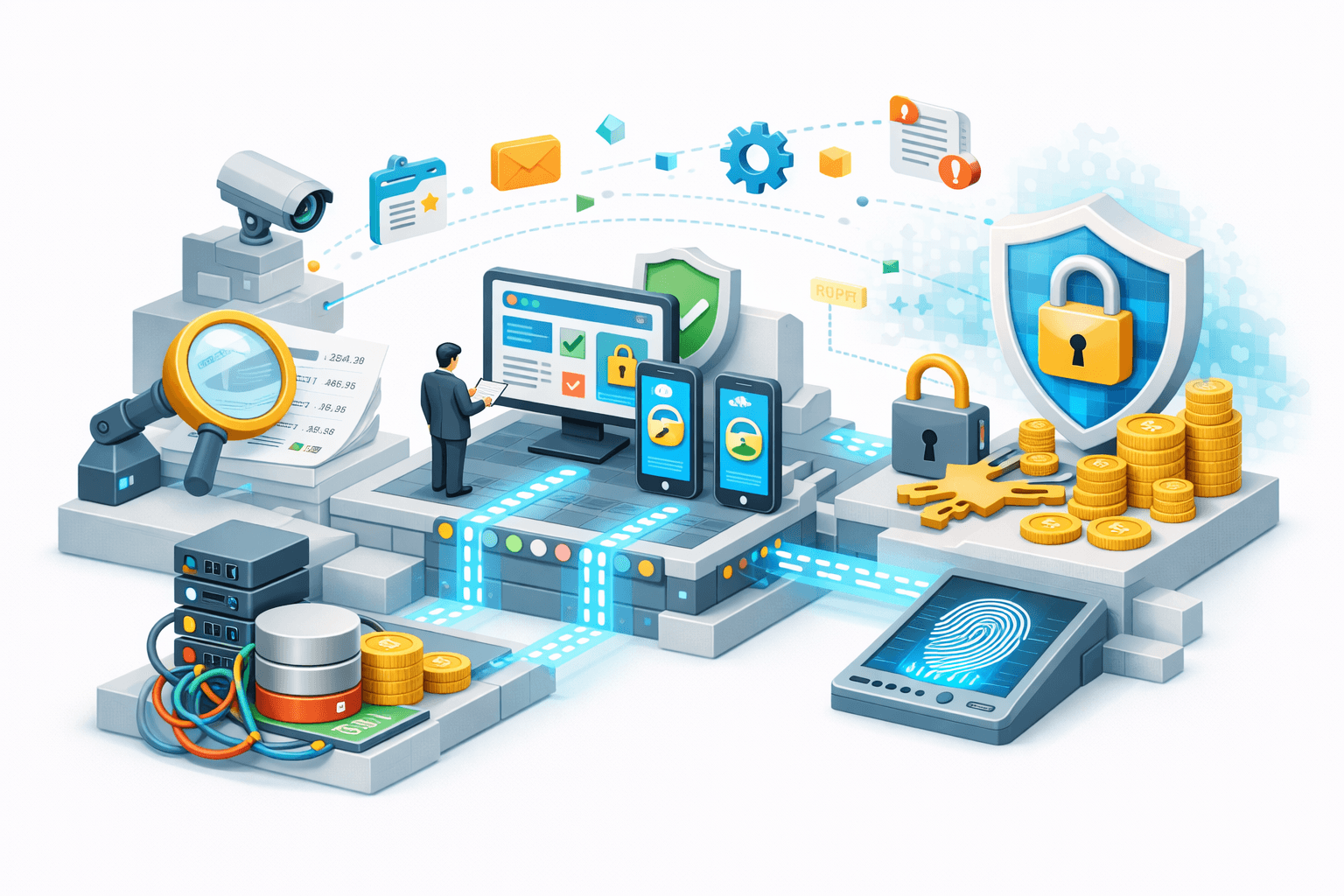 Ilustrasi AI‑driven secure data governance & financial compliance platform. Di tengah, dashboard multi‑device (monitor, tablet, smartphone) menampilkan status validasi (centang hijau) dan ikon gembok. Seorang profesional meninjau laporan. Di kiri, kamera, kaca pembesar, server, dan database menunjukkan monitoring, audit, dan sumber data. Di kanan, perisai besar bergembok, kunci, biometrik sidik jari, serta tumpukan koin Rp melambangkan keamanan berlapis, identitas, dan nilai finansial. Alur ikon email, gear, dokumen, dan alert di atas menggambarkan otomasi, notifikasi, dan manajemen risiko end‑to‑end yang aman dan compliant.