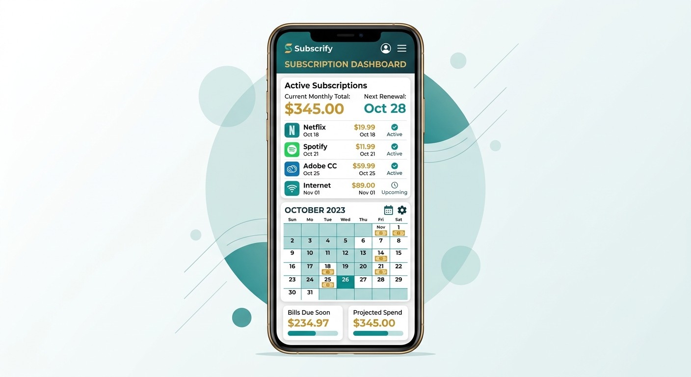 Subscription and bill tracker app illustration with dashboard and recurring charges