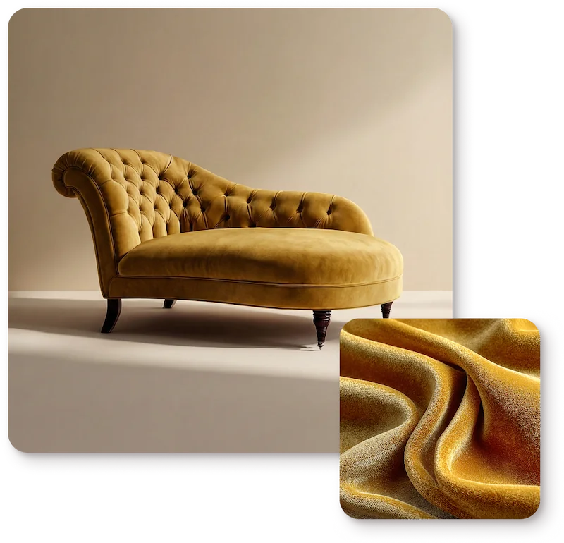 Mustard velvet chaise and fabric swatch