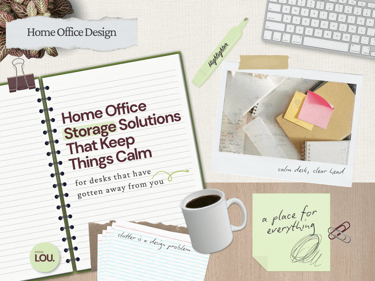 Papercraft-style blog header with a spiral notebook titled Home Office Storage Solutions That Keep Things Calm, linen background with wood desk surface, polaroid photo of a cluttered desk with sticky notes and envelopes clipped with a binder clip, coffee mug, sage green sticky note, index cards, highlighter, keyboard, and plant in the corner.
