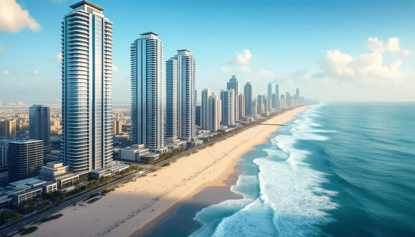 Die Küstenansicht von EMAAR Beachfront zeigt beeindruckende Hochhäuser, die sich entlang der Küste von Dubai erstrecken, während im Hintergrund die Skyline der Stadt zu sehen ist. Diese moderne Metropole bietet zahlreiche Fortbewegungsmöglichkeiten, darunter das Dubai Metro-System und Wassertaxis, die die Erkundung der Umgebung erleichtern.