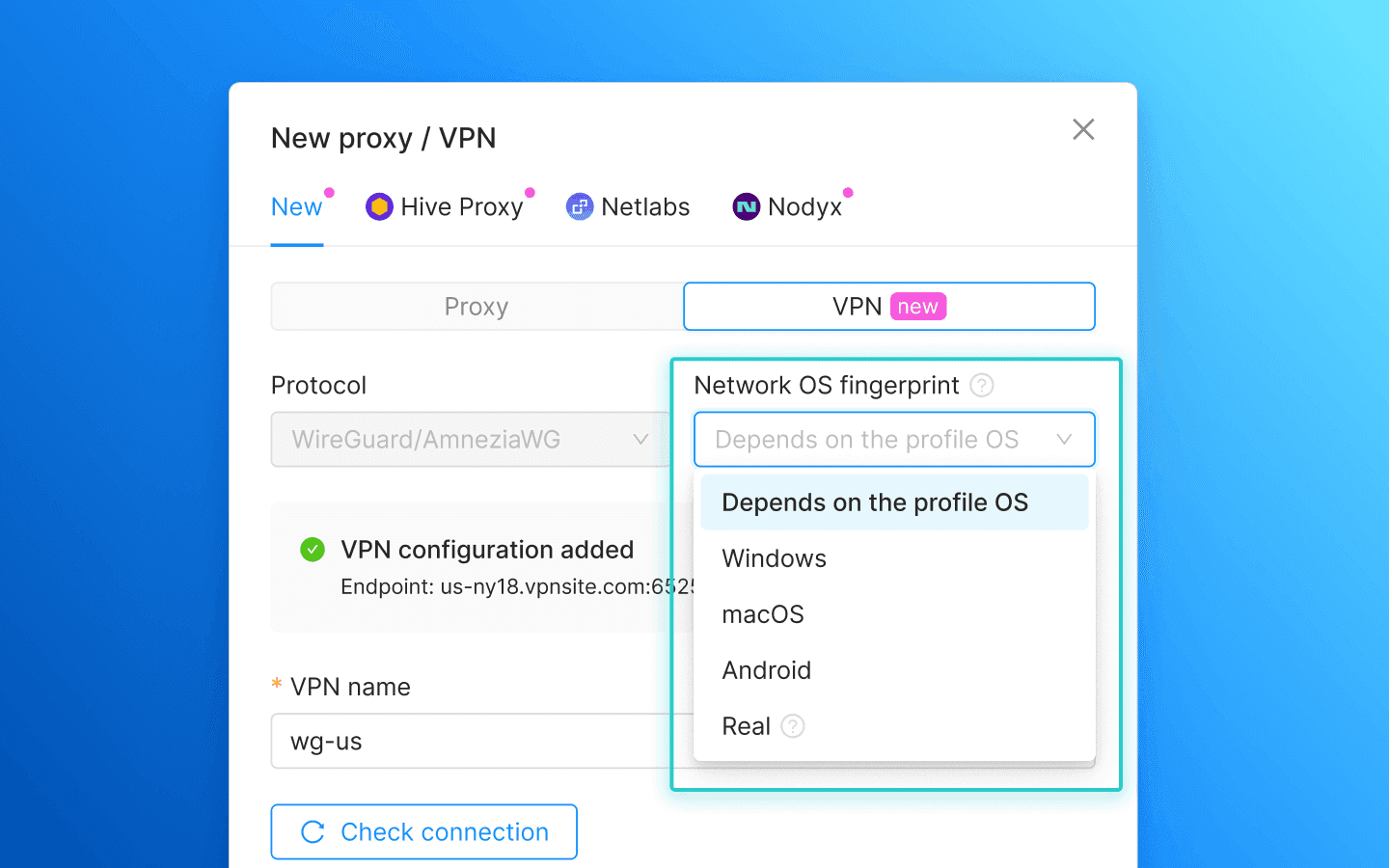 Octo Browser supports OS spoofing at the network level.