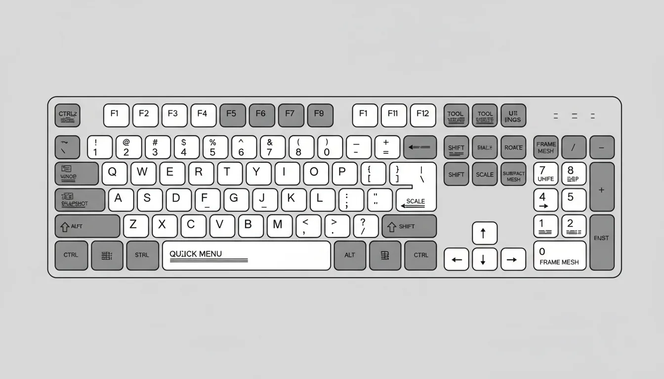 A technical illustration of a ZBrush keyboard shortcut map, top-down view. The graphic is a clean, flat 2D vector diagram of a QWERTY keyboard with rounded rectangular keys. Monochromatic color scheme of light grey, medium grey, and white. Keys for specific software functions are filled with medium grey and contain abstracted text lines representing ZBrush commands like 'Brushes', 'Scale', and 'Move'. The keys have a thin, dark outline giving them a distinct, sharp appearance against a solid light grey background.