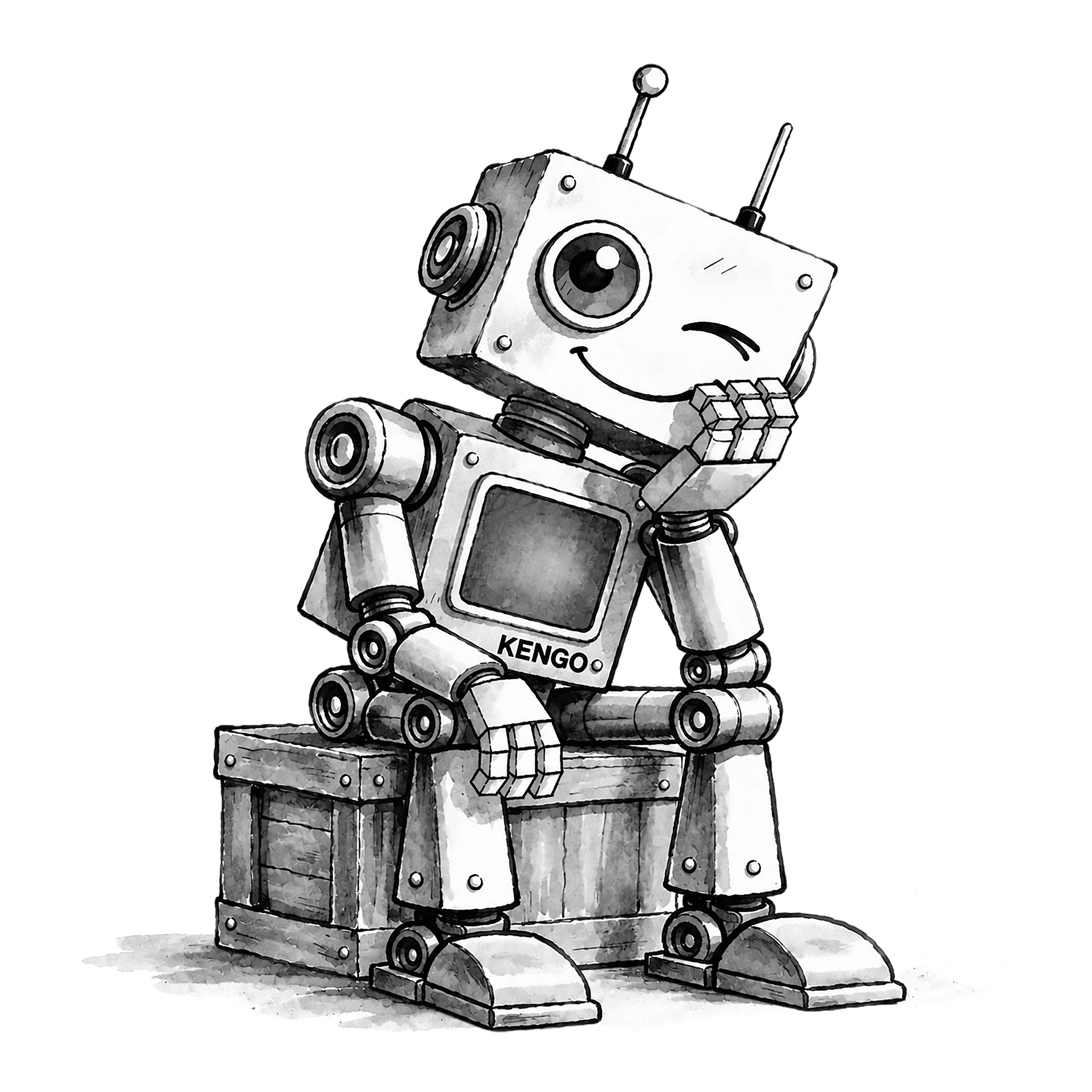 The KENGO robot character sitting on a crate in a thinking pose
