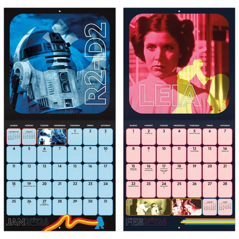 Two examples from inside pages of the 2026 Star Wars wall calendar from Trends International