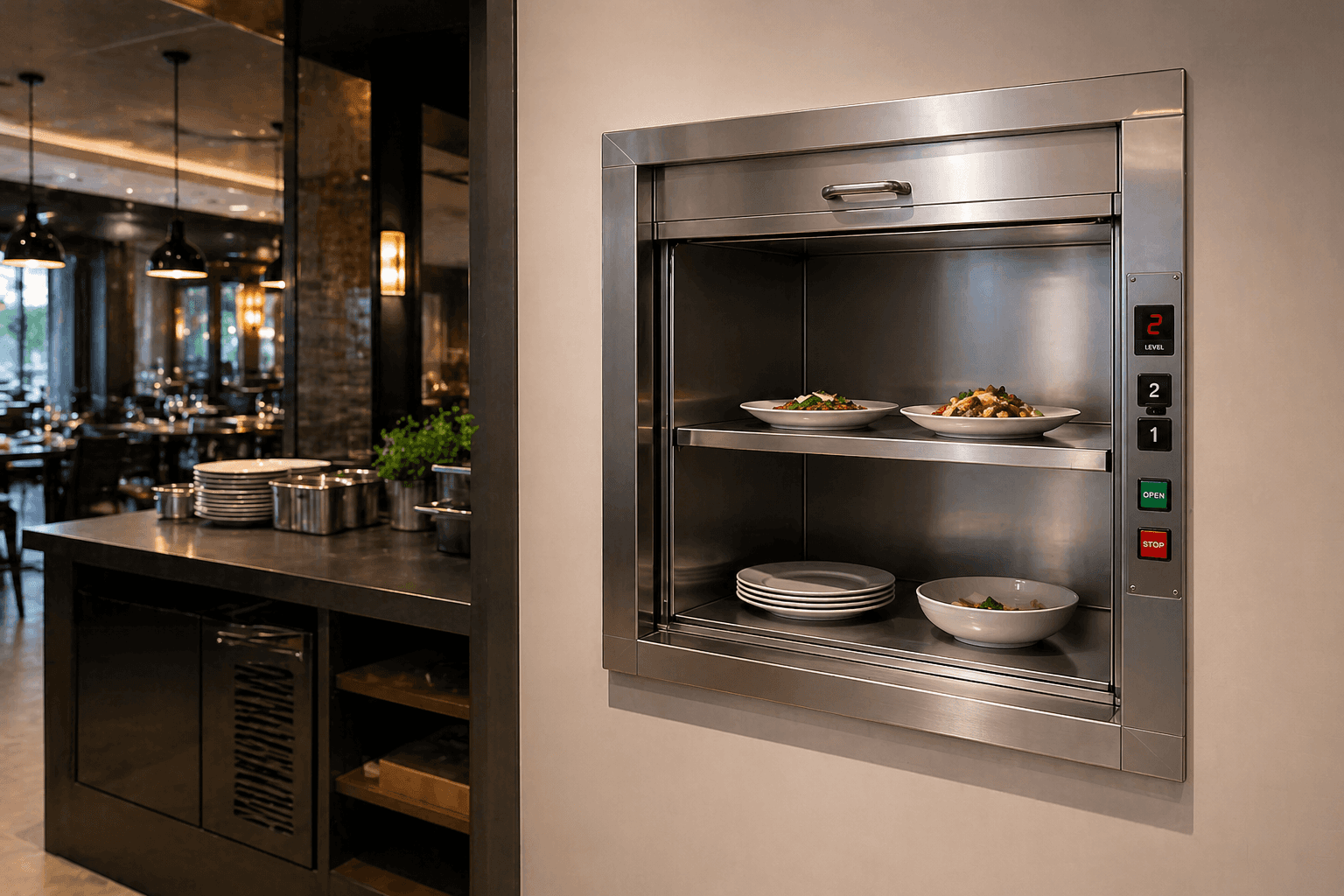 Stainless steel dumbwaiter service lift in open position at landing level in a commercial restaurant — two-shelf unit carrying plated food dishes and crockery, with floor selection buttons, open and stop controls mounted to the right, and restaurant dining area visible in the background
